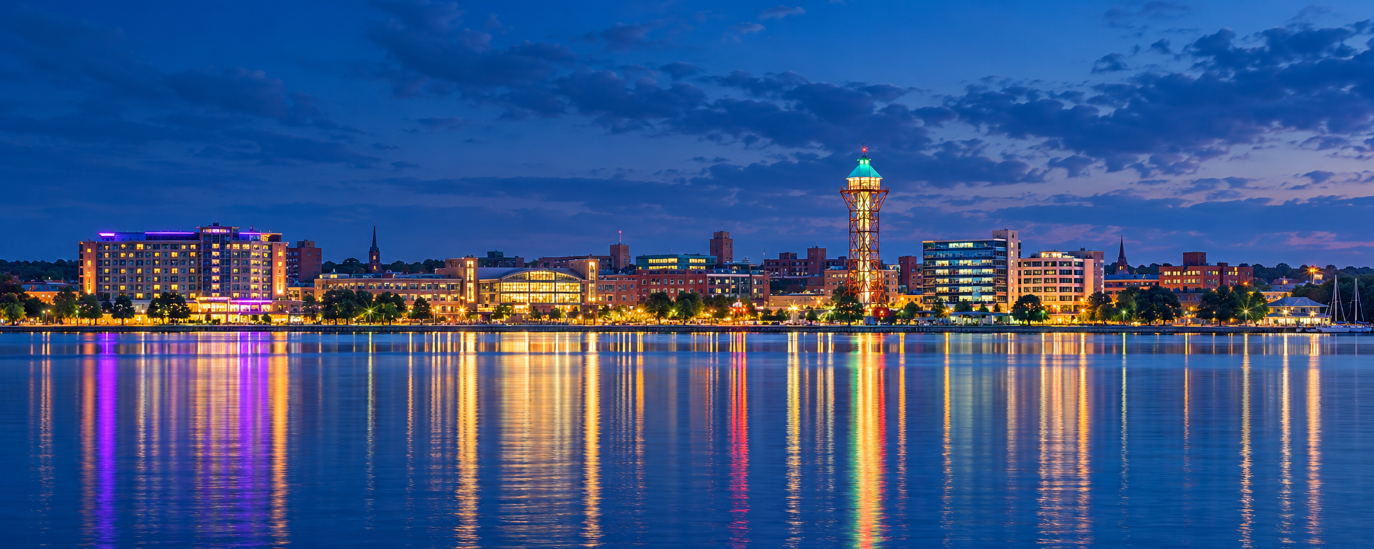 AI-generated illustration of Erie's waterfront at blue hour